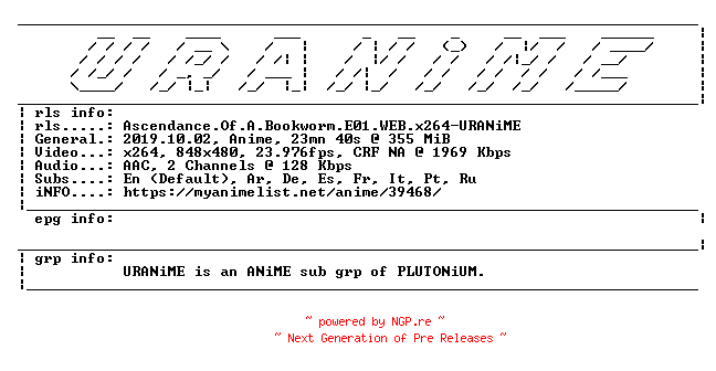 NFO for the release Ascendance.Of.A.Bookworm.E01.WEB.x264-URANiME by URANiME