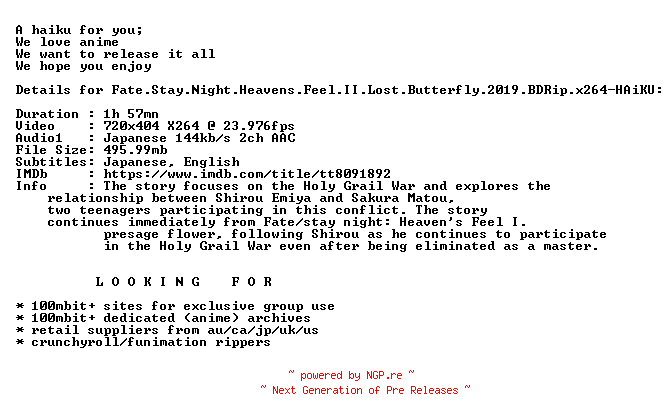 NFO for the release Fate.Stay.Night.Heavens.Feel.II.Lost.Butterfly.2019.BDRip.x264-HAiKU by HAiKU