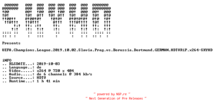 NFO for the release UEFA.Champions.League.2019.10.02.Slavia.Prag.vs.Borussia.Dortmund.GERMAN.HDTVRiP.x264-SKYHD by SKYHD