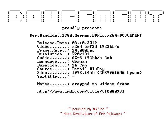 NFO for the release Der.Kandidat.1980.German.BDRip.x264-DOUCEMENT by DOUCEMENT