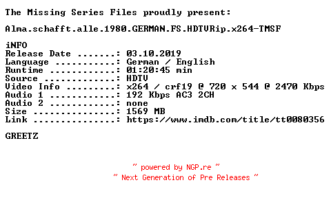 NFO for the release Alma.schafft.alle.1980.GERMAN.FS.HDTVRip.x264-TMSF by TMSF
