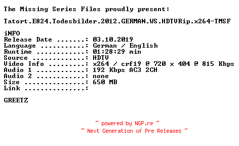 NFO for the release Tatort.E824.Todesbilder.2012.GERMAN.WS.HDTVRip.x264.iNTERNAL-TMSF by TMSF