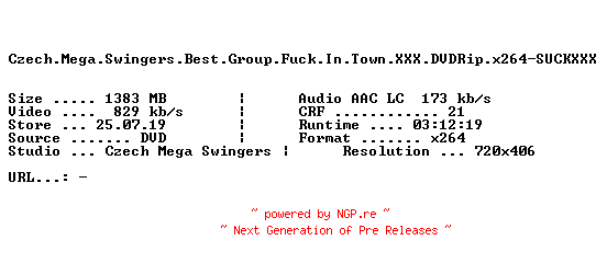 NFO for the release Czech.Mega.Swingers.Best.Group.Fuck.In.Town.XXX.DVDRip.x264-SUCKXXX by SUCKXXX