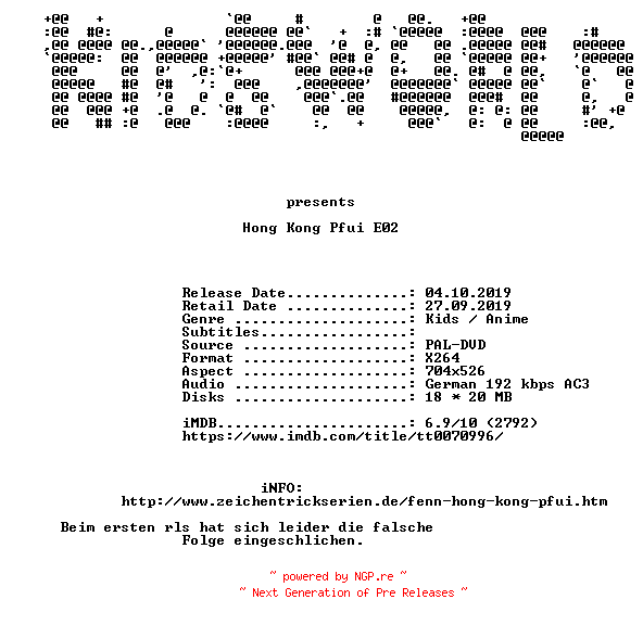 NFO for the release Hong.Kong.Pfui.E02.Fu.in.Florida.German.FS.DVDRip.x264.REPACK-KiDSWORLD by KiDSWORLD