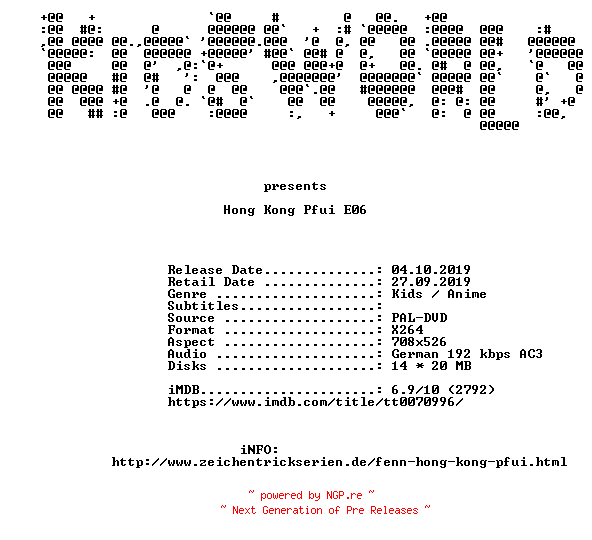 NFO for the release Hong.Kong.Pfui.E06.Filmgeschaefte.German.FS.DVDRip.x264-KiDSWORLD by KiDSWORLD