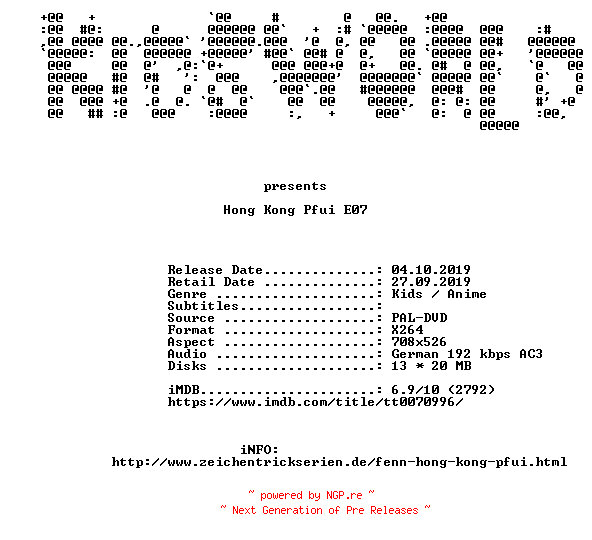 NFO for the release Hong.Kong.Pfui.E07.Lolli.Klau.German.FS.DVDRip.x264-KiDSWORLD by KiDSWORLD