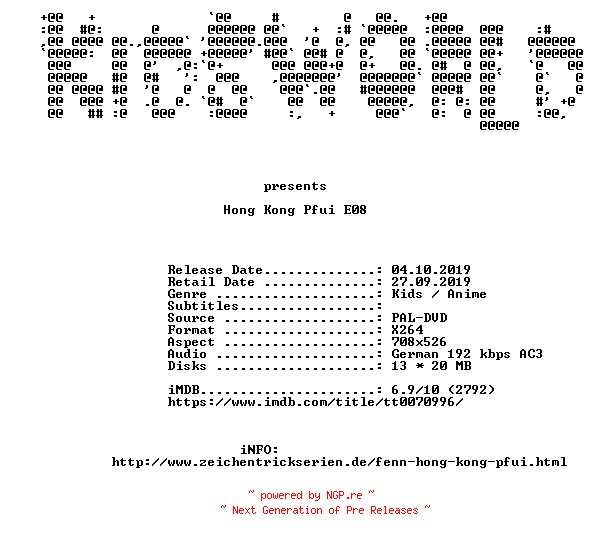 NFO for the release Hong.Kong.Pfui.E08.Das.Verschwinden.der.Rennpferde.German.FS.DVDRip.x264-KiDSWORLD by KiDSWORLD