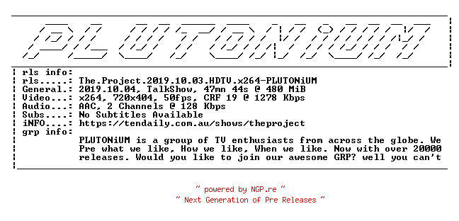 NFO for the release The.Project.2019.10.03.HDTV.x264-PLUTONiUM by PLUTONiUM