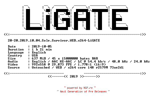 NFO for the release 20-20.2019.10.04.Sole.Survivor.WEB.x264-LiGATE by LiGATE