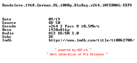 NFO for the release Bandolero.1968.German.DL.1080p.BluRay.x264.iNTERNAL-EXPS by EXPS