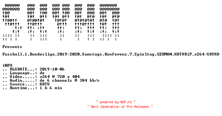 NFO for the release Fussball.1.Bundesliga.2019-2020.Samstags.Konferenz.7.Spieltag.GERMAN.HDTVRiP.x264-SKYHD by SKYHD