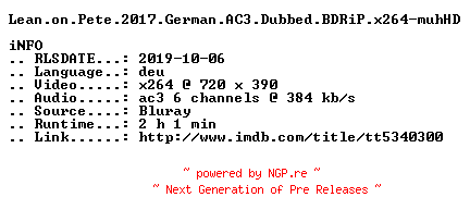 NFO for the release Lean.on.Pete.2017.German.AC3.Dubbed.BDRiP.x264-muhHD by muhHD
