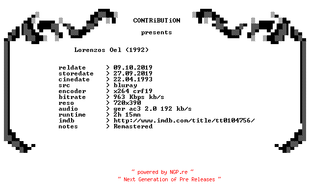 NFO for the release Lorenzos.Oel.1992.Remastered.German.BDRip.x264-CONTRiBUTiON by CONTRiBUTiON