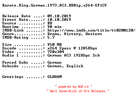NFO for the release Karate.King.German.1973.AC3.BDRip.x264-SPiCY by SPiCY