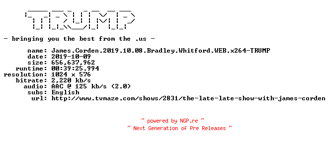 NFO for the release James.Corden.2019.10.08.Bradley.Whitford.WEB.x264-TRUMP by TRUMP
