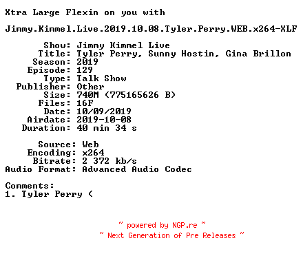 NFO for the release Jimmy.Kimmel.Live.2019.10.08.Tyler.Perry.WEB.x264-XLF by XLF