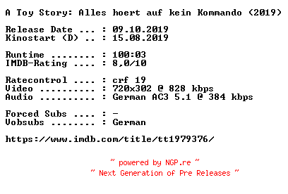 NFO for the release A.Toy.Story.Alles.hoert.auf.kein.Kommando.German.2019.AC3.BDRip.x264-COiNCiDENCE by COiNCiDENCE