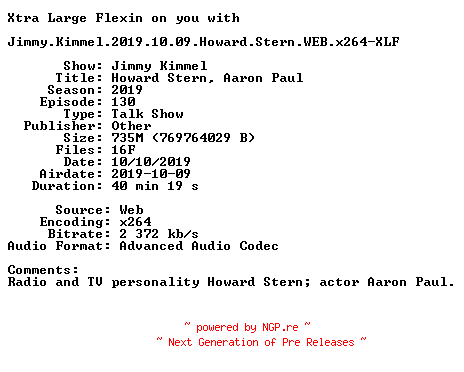 NFO for the release Jimmy.Kimmel.2019.10.09.Howard.Stern.WEB.x264-XLF by XLF