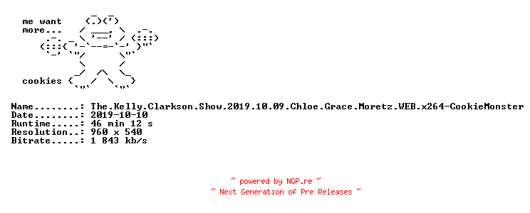 NFO for the release The.Kelly.Clarkson.Show.2019.10.09.Chloe.Grace.Moretz.WEB.x264-CookieMonster by CookieMonster