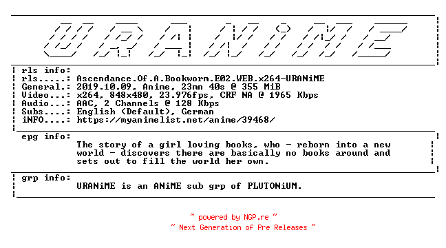 NFO for the release Ascendance.Of.A.Bookworm.E02.WEB.x264-URANiME by URANiME
