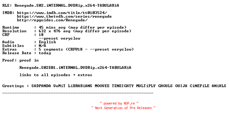 NFO for the release Renegade.S02.EXTRAS.iNTERNAL.DVDRip.x264-TABULARiA by TABULARiA