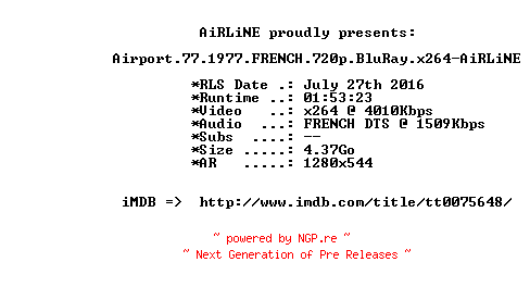 NFO for the release Airport.77.1977.FRENCH.720p.BluRay.x264-AiRLiNE by AiRLiNE