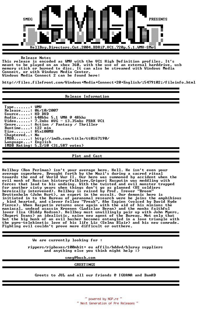 NFO for the release HellBoy.Directors.Cut.2004.BDRiP.VC1.720p.5.1.WMV-SMeG by SMeG