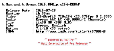 NFO for the release A.Man.and.A.Woman.2016.BDRip.x264-KEBAP by KEBAP