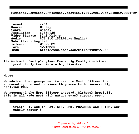 NFO for the release National.Lampoons.Christmas.Vacation.1989.DVD5.720p.BluRay.x264-hV by hV