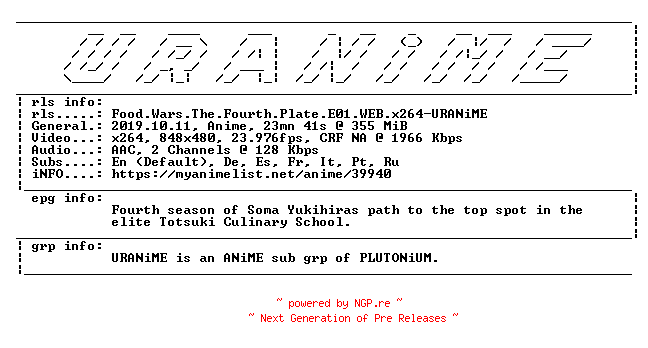 NFO for the release Food.Wars.The.Fourth.Plate.E01.WEB.x264-URANiME by URANiME