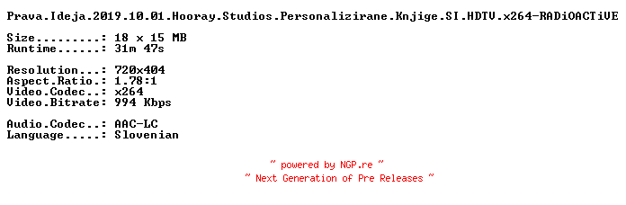 NFO for the release Prava.Ideja.2019.10.01.Hooray.Studios.Personalizirane.Knjige.SI.HDTV.x264-RADiOACTiVE by RADiOACTiVE
