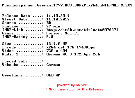 NFO for the release Moerderspinnen.German.1977.AC3.BDRiP.x264.iNTERNAL-SPiCY by SPiCY