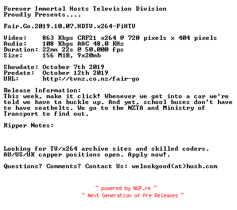 NFO for the release Fair.Go.2019.10.07.HDTV.x264-FiHTV by FiHTV