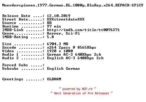 NFO for the release Moerderspinnen.1977.German.DL.1080p.BluRay.x264.REPACK-SPiCY by SPiCY