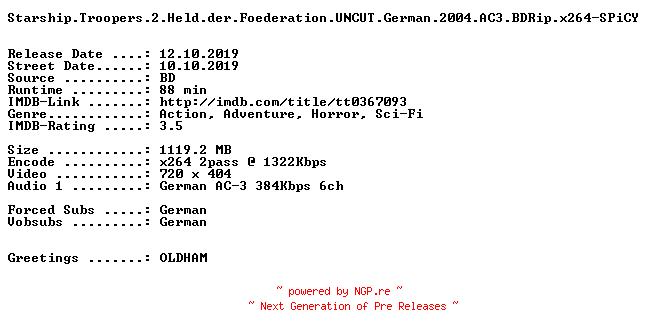 NFO for the release Starship.Troopers.2.Held.der.Foederation.UNCUT.German.2004.AC3.BDRip.x264-SPiCY by SPiCY