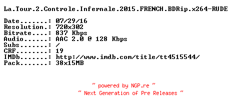 NFO for the release La.Tour.2.Controle.Infernale.2015.FRENCH.BDRip.x264-RUDE by RUDE