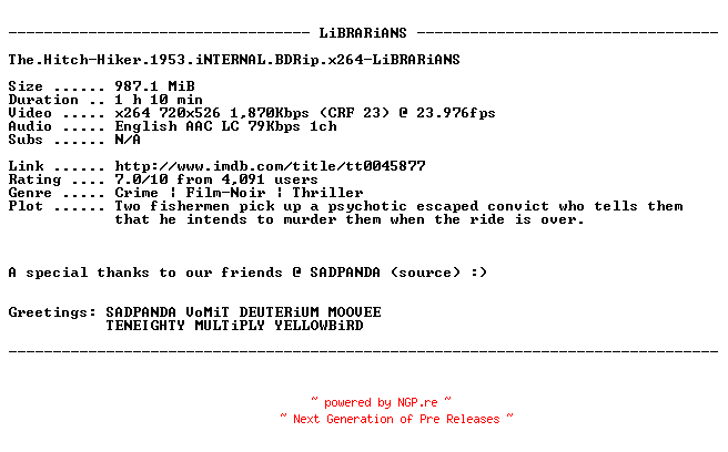 NFO for the release The.Hitch-Hiker.1953.iNTERNAL.BDRip.x264-LiBRARiANS by LiBRARiANS