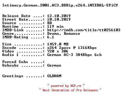 NFO for the release Intimacy.German.2001.AC3.BDRip.x264.iNTERAL-SPiCY by SPiCY