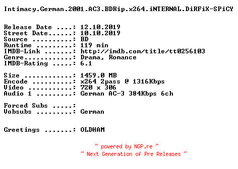 NFO for the release Intimacy.German.2001.AC3.BDRip.x264.iNTERNAL.DiRFiX-SPiCY by SPiCY