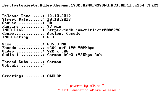 NFO for the release Der.taetowierte.Adler.German.1980.KiNOFASSUNG.AC3.BDRiP.x264-SPiCY by SPiCY