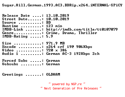 NFO for the release Sugar.Hill.German.1993.AC3.BDRip.x264.iNTERNAL-SPiCY by SPiCY