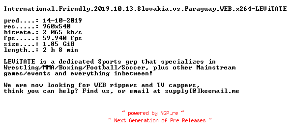 NFO for the release International.Friendly.2019.10.13.Slovakia.vs.Paraguay.WEB.x264-LEViTATE by LEViTATE