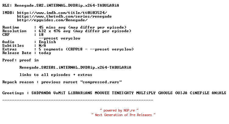 NFO for the release Renegade.S02.EXTRAS.REPACK.iNTERNAL.DVDRip.x264-TABULARiA by TABULARiA