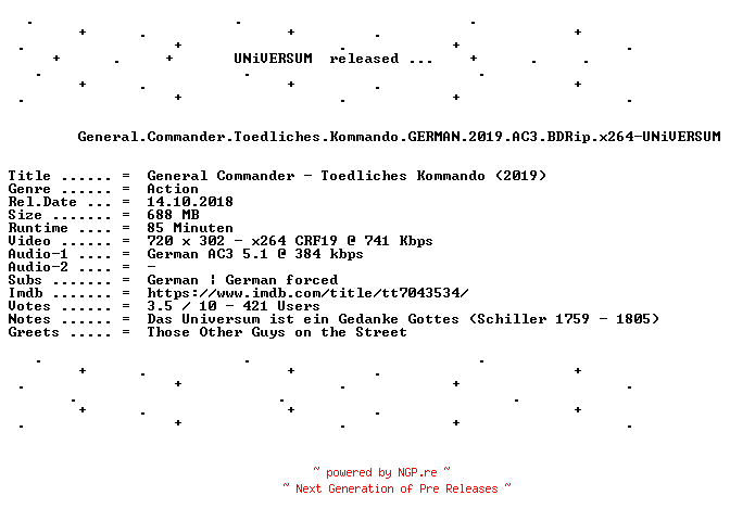 NFO for the release General.Commander.Toedliches.Kommando.GERMAN.2019.AC3.BDRip.x264-UNiVERSUM by UNiVERSUM