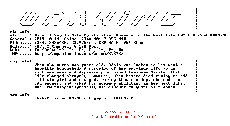 NFO for the release Didnt.I.Say.To.Make.My.Abilities.Average.In.The.Next.Life.E02.WEB.x264-URANiME by URANiME