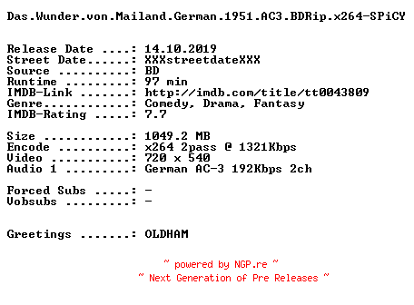 NFO for the release Das.Wunder.von.Mailand.German.1951.AC3.BDRip.x264-SPiCY by SPiCY