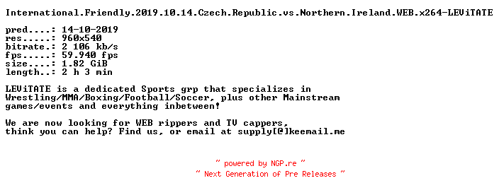 NFO for the release International.Friendly.2019.10.14.Czech.Republic.vs.Northern.Ireland.WEB.x264-LEViTATE by LEViTATE