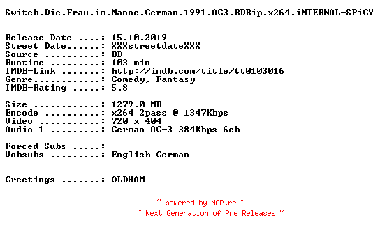 NFO for the release Switch.Die.Frau.im.Manne.German.1991.AC3.BDRip.x264.iNTERNAL-SPiCY by SPiCY
