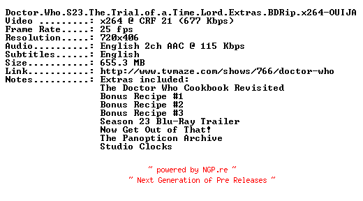 NFO for the release Doctor.Who.S23.The.Trial.of.a.Time.Lord.Extras.BDRip.x264-OUIJA by OUIJA