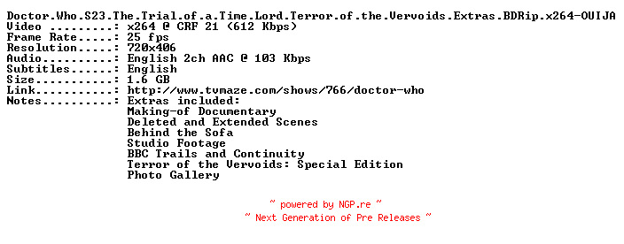 NFO for the release Doctor.Who.S23.The.Trial.of.a.Time.Lord.Terror.of.the.Vervoids.Extras.BDRip.x264-OUIJA by OUIJA